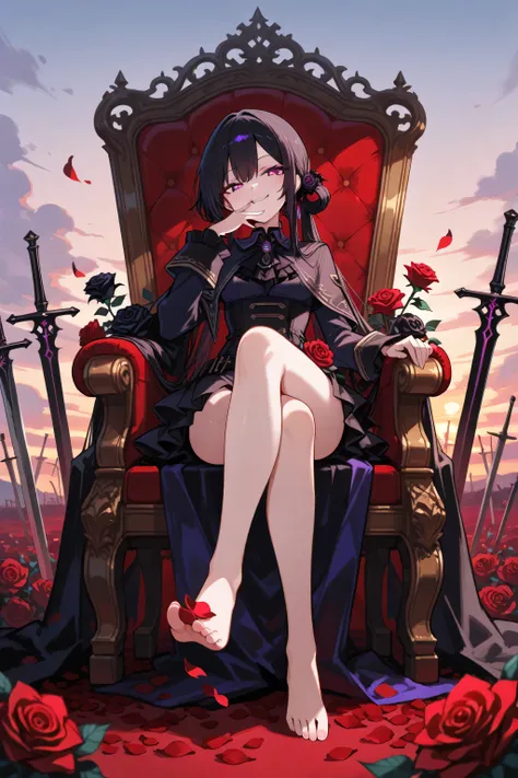 best quality, hyper detailed, masterpiece:1.5, a young woman with violet eyes and black hair, wrapped in dark rose petals, sitting on throne made of roses, legs crossed, hand over mouth, smug, red eyes, dusk, roses at feet, swords planted,
