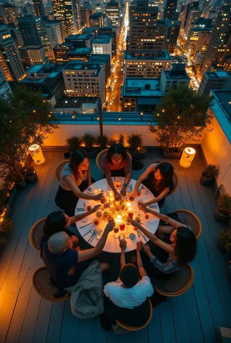 Aerial top-down photograph from drone, real rooftop party at sunset, wide shot showing entire rooftop deck with city skyline visible around edges, 6-8 people standing around large round table holding various cocktails reaching toward center for toast, peop...