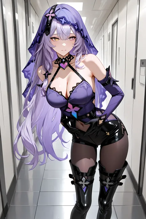 BlkSwnDefault, purple eyes, yellow eyes, gradient eyes, purple hair, long hair, purple veil, heart choker, lace choker, halterneck, purple dress, detached sleeves, black gloves, cleavage, see-through navel, high-waist pantyhose, black shorts, thigh boots,
...