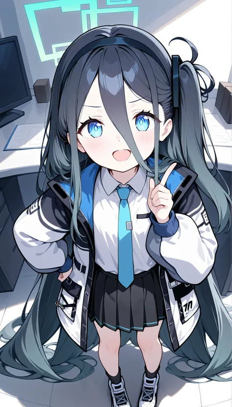 aris \(blue archive\),blue eyes,one side up,absurdly long hair,hair hair between eyes,black hairband,halo,white jacket,necktie,pleated skirt,black socks,sneakers,solo, I can see my eyebrows from the inside of my hair, hair between eyes, is embarrassing, m...