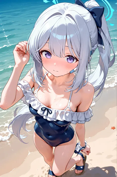 ((1 girl)),miyako-swim,miyako \(blue archive\),loli,purple eyes, white hair,long hair,ponytail,halo,one-piece swimsuit,frills,sandals,blush,medium breasts,focus breasts,zoom face,from above,in beach,masterpiece,Highest Quality,Very Detailed,Ultra High Defi...