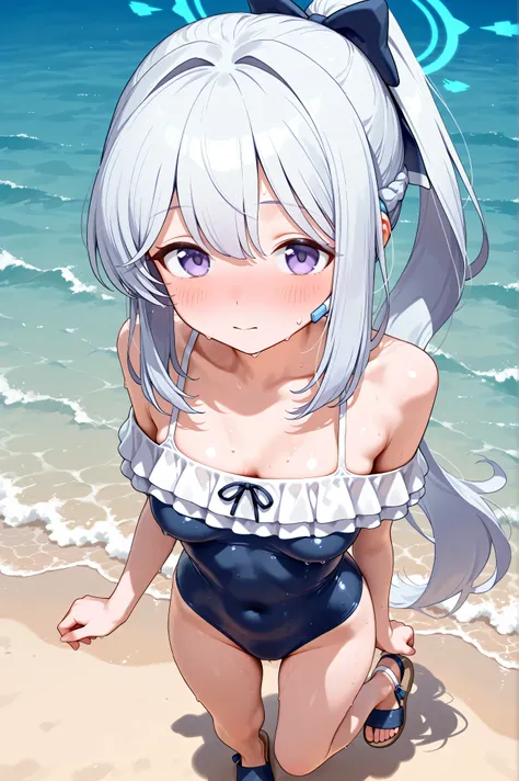 ((1 girl)),miyako-swim,miyako \(blue archive\),loli,purple eyes, white hair,long hair,ponytail,halo,one-piece swimsuit,frills,sandals,blush,medium breasts,focus breasts,zoom face,from above,in beach,masterpiece,Highest Quality,Very Detailed,Ultra High Defi...