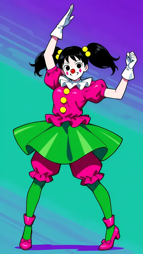 Clown girl, one girl, green color clothes, pink color clothes, full body, dynamic pose, smile, black hair,   black eyes