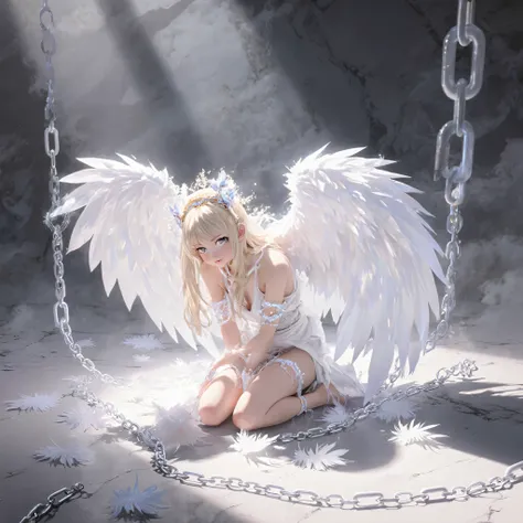 A fallen yet radiant angel bound by glowing white chains. Feathers scatter across a pale marble floor, wings partially folded and glowing faintly beneath the restraints. The white chains shimmer with divine light, beautiful yet imprisoning. The angel’s exp...