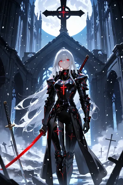 High Quality, High-end photo, clear detail, Female warriors wearing light black armor, Pulling Katana from the pod, Large cross hanging on the back, Reflection from Katana blade, Glowing Red Eyes, long flowing silver hair, wearing black leather gloves, Sma...