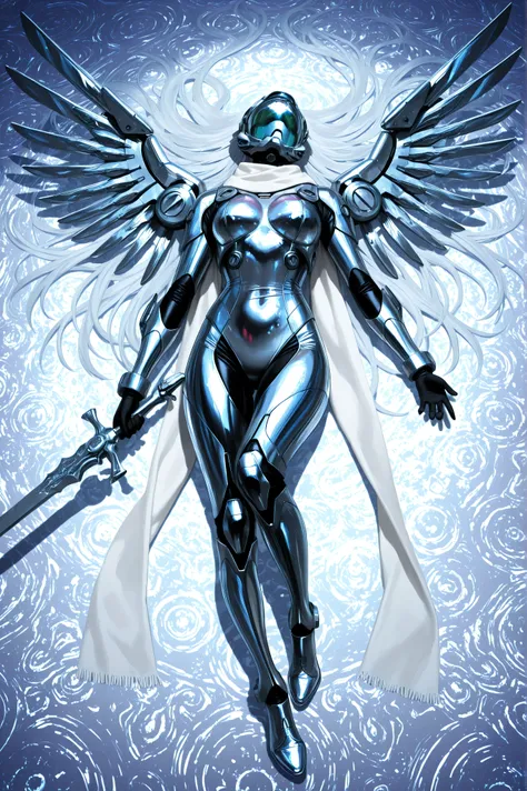 hires, 1 girl, solo, anime surrealistic futuristic lady with huge radiant silver metal mech wings on her back,full cover body suit wrapped in radiant bright white exosuit with long flowing scarf from head to feet,full body part ,ornate with solid brass bod...