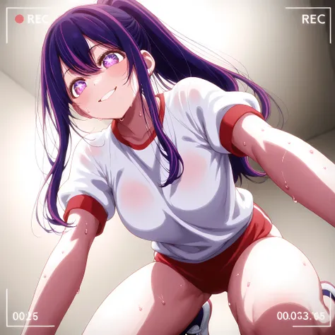 masterpiece、ighly detailed、1 girl、busty、purple color  hair、ponytail hair、habit 、recording、clothes 、track 、sweat 、8K、hoshino ai、red buruma,​ kneeling, low angle, perfect smile,