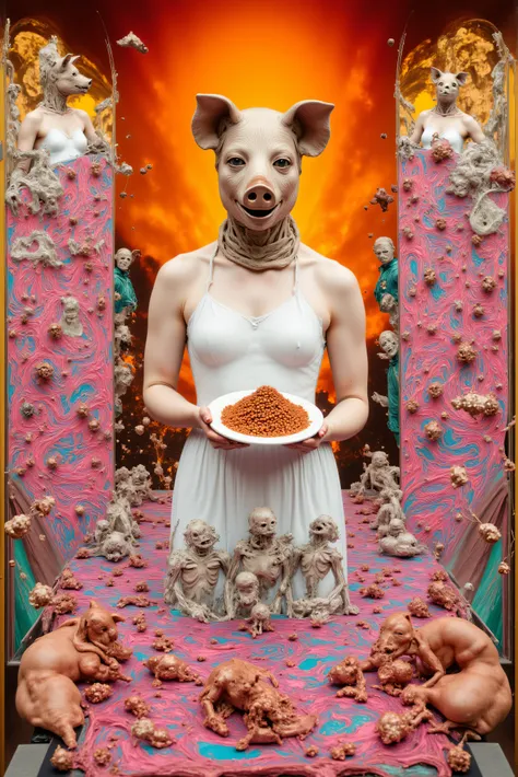 A surreal and vividly colorful collage blends elements of horror and fantasy. The central figure, a person in a white dress, wears a realistic pig mask, holding a plate piled with what appears to be baked beans. The background features fiery orange hues, s...