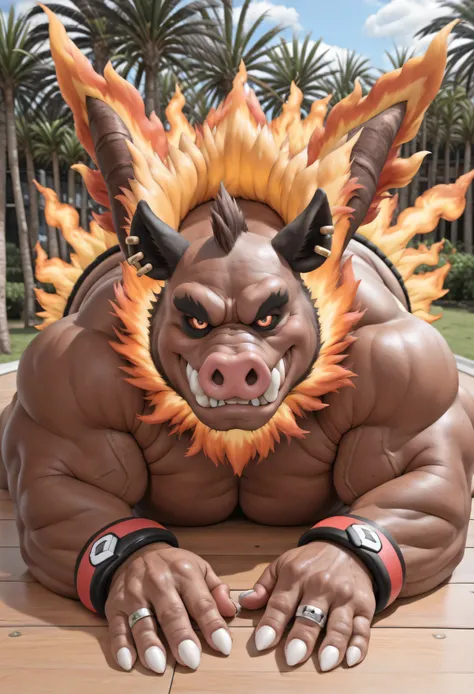 score _9, score _8_Up, score _7_Up, masterpiece, best quality, amazing quality, high quality, RAW photo, semi realistic, full body, Anatomically Correct. (furry), (1boy), (Huge Adult Male muscular bara Mega Fire Boar Mega-Emboar from Pokemon), Dark Body, M...