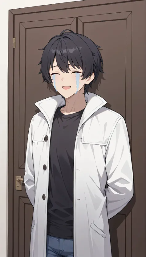 Kevin, masterpiece, Best Quality, very aesthetic, 1male, cool, Adult male, Height 175cm, male college student, black hair, closed eyes, (white coat, long coat), (black shirt), jeans, solo,　indoor,　 half open mouth, smile, furrowed brow, upper body, 　stunne...