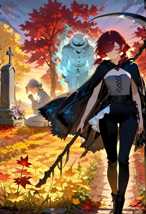 The spirit of the man standing behind, bowing to the woman on the near side as she departs from the grave. masterpiece, best quality, high resolution, ultra-detailed, very aesthetic, absurdres. 1 woman, low twin tails with swept bangs, dark red hair, gray ...