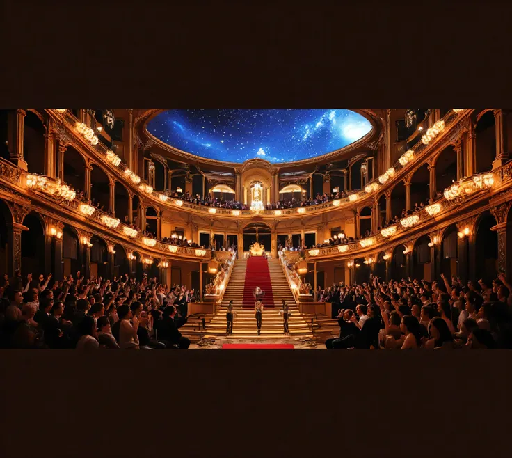 (((masterpiece:1.5、Highest Quality、high resolution:1.3、super resolution、Super Detailed、Super Detailed:1.3))) cinematic, symmetric, grand, golden, opera, theater, majestic, baroque, architecture, ornate, details, luxurious, interior, huge, red, carpet, stai...