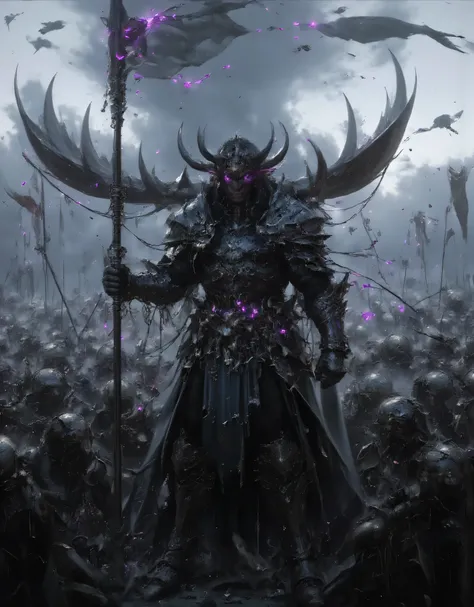 masterpiece:1.2, best quality, close up, glowing eyes, purple eyes, black armor, armor with purple rune trim, holding large polearm, black fur, evil moose man, intricate horns adorned with trinkets and dangling bones, battle field, fallen armored guards, t...