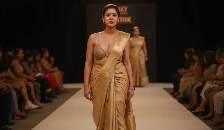 A gorgeous fit Indian model with perfect hourglass figure walking on fashion runway, toned athletic body with slim waist, enhanced voluptuous bust and curvy hips, wearing luxurious golden silk saree with sleeveless bralette-style designer blouse with golde...