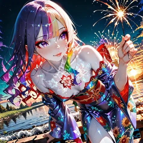 (eyeshadow)), ((Beautiful, detailed eyes)), ((Crystal-like eyes)), ((Long wavy hair that shines in the rainbow colors of red, blue, green, yellow, orange, indigo, and purple) , Hime cut, ((Translucent white skin)), lustrous skin, pure white skin, ((Very be...