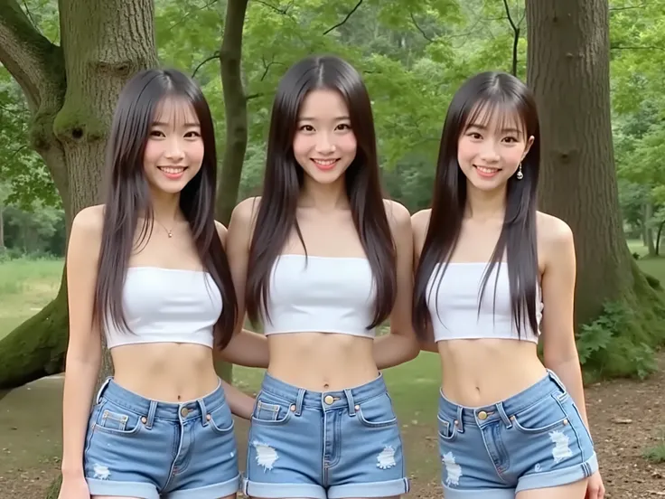 (((white tube top and blue low-rise denim shorts、belly button out、and my stomach sticks out、thighs、15 year old girls 、3 cute Japanese high school girls、))),everyone seems to be having fun at the campsite in the forest、Mr.々What kind of person 々,let's eat me...