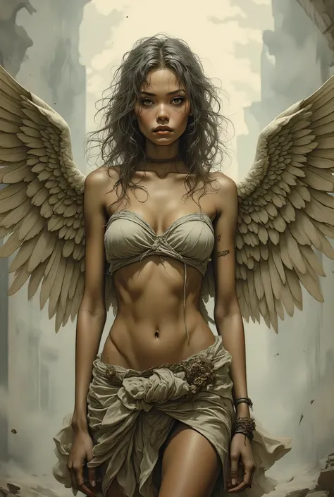 masterpiece, 8k resolution, ultra detailed, pastel color palette, beige skin surface. Create a dark and atmospheric image of a beautiful fallen angel with wet, long hair and massive lush off-white wings. Athletic body ( hard nipples ). Close-up view. She s...