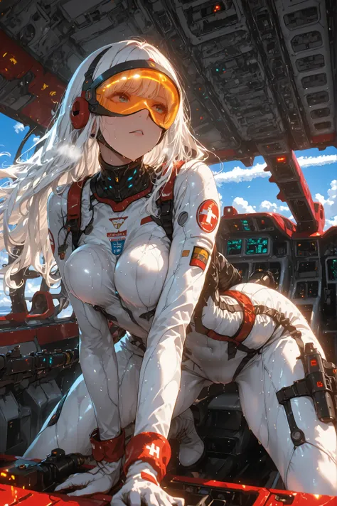 masterpiece, best quality, 8k, 1girl, character, controlling a futuristic fighter jet, all fours, leaning forward, legs apart, reflections on visor helmet with hose connected mask, white pilot suit, (wind blows), glove, boots, curvy body, medium breasts, p...