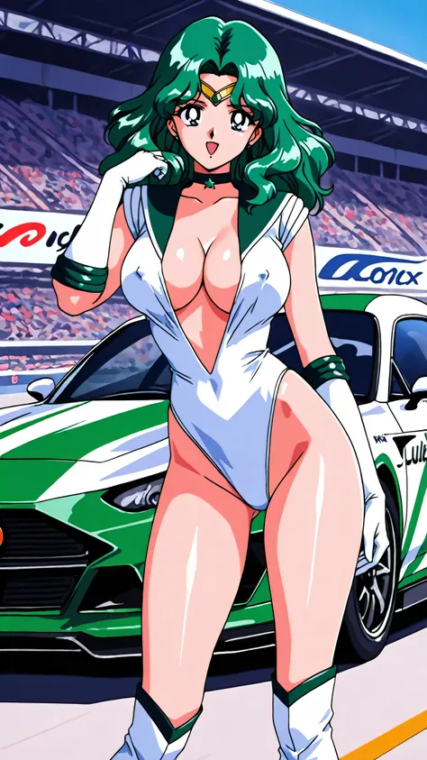 1990s retro anime style, masterpiece, high definition, high quality, glossy skin, Sailor Neptune as a race queen in a high-leg leotard, one woman, long green hair, golden circlet with green jewel, smiling, open mouth, looking at viewer, choker, white high-...