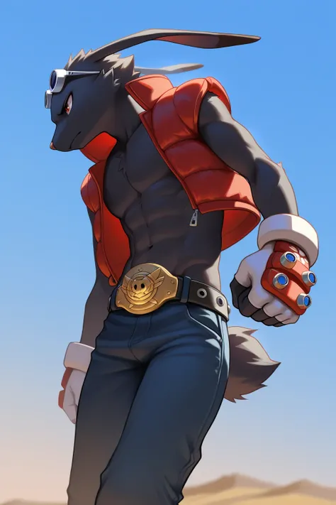 masterpiece, the best quality, newest, extremely high resolution, high resolution, dynamic angle, a boy,Alone, k1ngkazma, anthropology, rabbit, lagomorfo, leporid , mammal, eyes, Clothes, glasses on the head, jacket, fingerless gloves, Red Eyes, belt, pa...