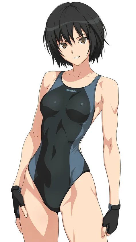 amagamiai, nanasaki ai, black hair, short hair, black eyes, medium breasts,, solo, (competition swimsuit, black fingerless gloves), serious grin, (toned slender body, slim waist), looking at viewer, extremely detailed eyes and face, hand on hip, focus face...
