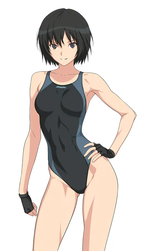 amagamiai, nanasaki ai, black hair, short hair, black eyes, medium breasts,, solo, (competition swimsuit, black fingerless gloves), serious grin, (toned slender body, slim waist), looking at viewer, extremely detailed eyes and face, hand on hip, focus face...