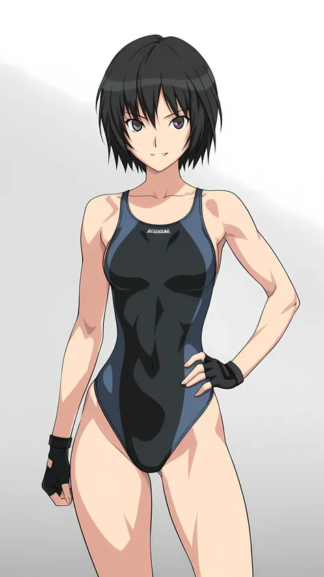 amagamiai, nanasaki ai, black hair, short hair, black eyes, medium breasts,, solo, (competition swimsuit, black fingerless gloves), serious grin, (toned slender body, slim waist), looking at viewer, extremely detailed eyes and face, hand on hip, focus face...