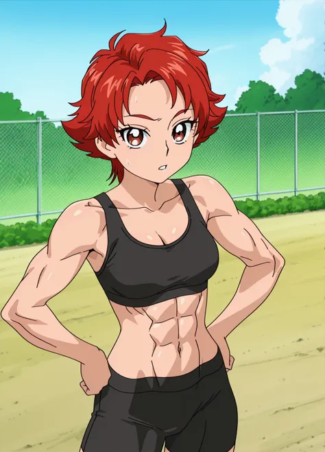 傑作, Best quality,.Best resolution,.Best image quality, amazing quality, very aesthetic,.absurdres, anime coloring, anime screencap, anime screenshot, official style, official art, 1girl, Anime girl in black underwear, short red haired girl, brown eyed girl...