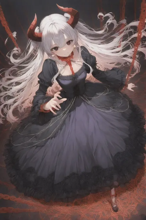 (masterpiece, Highest Quality, high resolution),high image quality、8K. anime style, 1 girl, Demon King, Horned, Dark eyes, Purple appearance, Outfit, foot chain made of white metal, 足枷からWHITE CHAINが伸びた, WHITE CHAIN, Chain made of white metal、Pure White Ch...