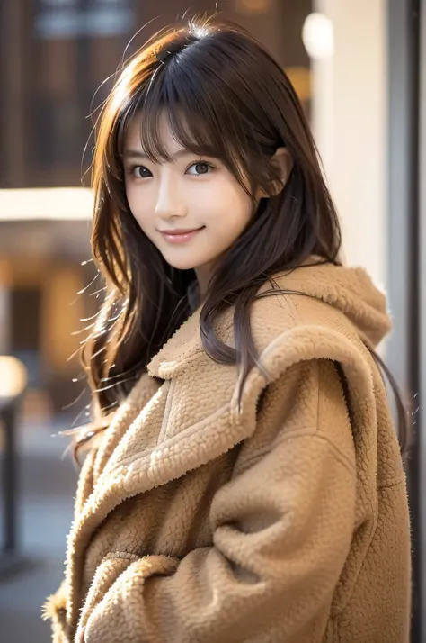Japanese model wearing brown fur coat is posing、毛皮jacket、茶色のjacket、Fur Coat、長袖の茶色jacket、light brown coat、Brown fur、jacket、staring at the camera、Cute Smiles、soft and gentle expression