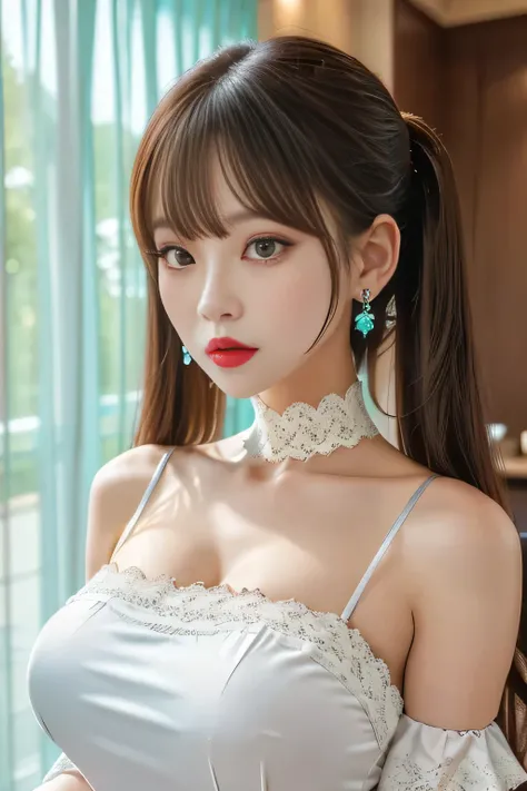 Face close-up.
She is wearing a white off-the-shoulder shirt, sleeveless, elegant white long lace gloves.
She is a beautiful and lewd Japanese woman.
Long upturned eyeliners, red lips.
Long drill silver hair, twin tails, eyes visible through hair.
Glamorou...