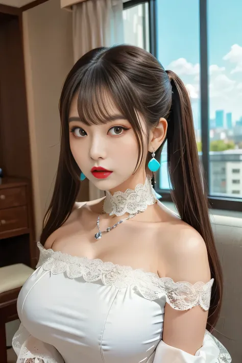 Upper-body.
She is wearing a white off-the-shoulder shirt, sleeveless, elegant white long lace gloves.
She is a beautiful and lewd Japanese woman.
Long upturned eyeliners, red lips.
Long drill silver hair, twin tails, eyes visible through hair.
Glamorous b...