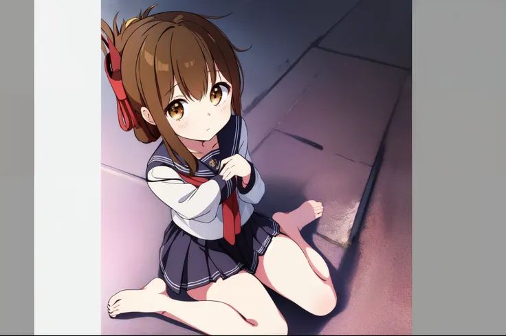 A girl in a miniskirt sailor uniform is sitting on the floor, feeling unwell and watching the class.,(masterpiece, best quality:1.2),illustration,8k,hd,1girl,solo,upper body,(portrait:1.2),brown_hair,folded_ponytail,brown_eyes,serafuku,long_hair,school_uni...