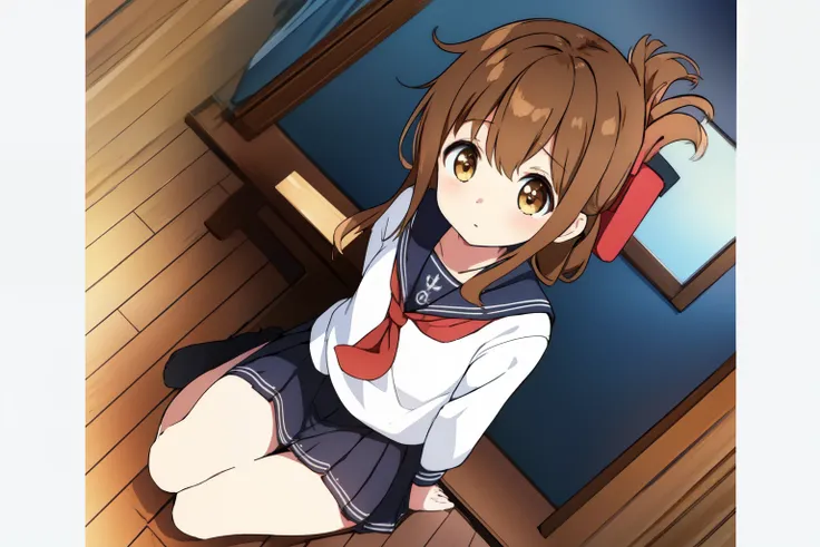 A girl in a miniskirt sailor uniform is sitting on the floor, feeling unwell and watching the class.,(masterpiece, best quality:1.2),illustration,8k,hd,1girl,solo,upper body,(portrait:1.2),brown_hair,folded_ponytail,brown_eyes,serafuku,long_hair,school_uni...
