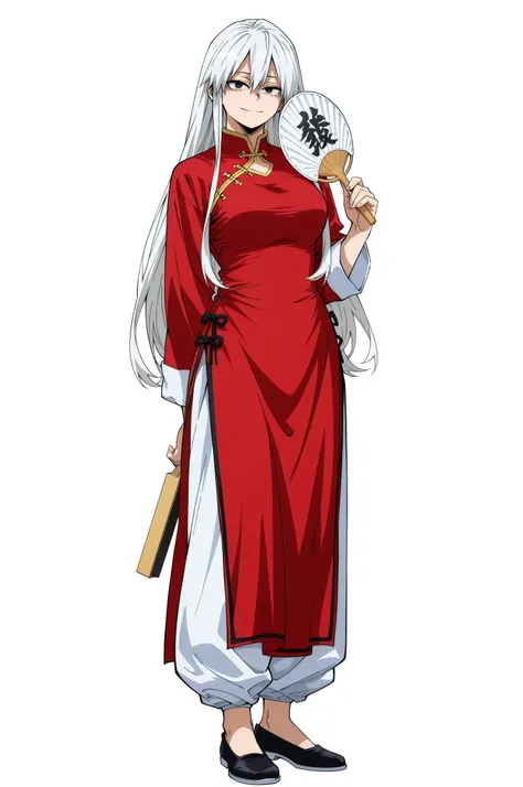 high definition eyes,detailed eyes,boku_no_hero_academia_style,score_9_up, score_8_up, BREAK, KungFuUniform, 1girl, solo, white hair, long hair, black eyes, chinese clothes, mature, white background, red dress, white pants, black footwear, mature, smile, h...