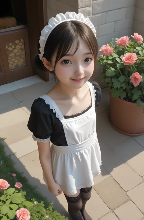 1 Girl、maids,Look at the audience,(skinny:0.30),(younger:1.24),from above,lean forward,is watering flowers outside the mansion,japanese,(smile Yang:0.92),black lace stockings