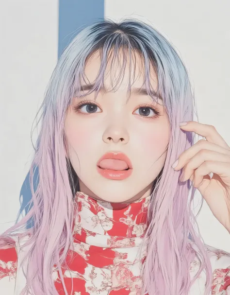 vivid, very detailed, Award-Winning Illustrations, Professional. Woman with her eyes closed with a kissing face, ((close her eyes and stick her lips out like a kissing1.6))、portrait、Face Focus、sketch style、pink and blue gradient hair、pastel blue eyes、in a ...