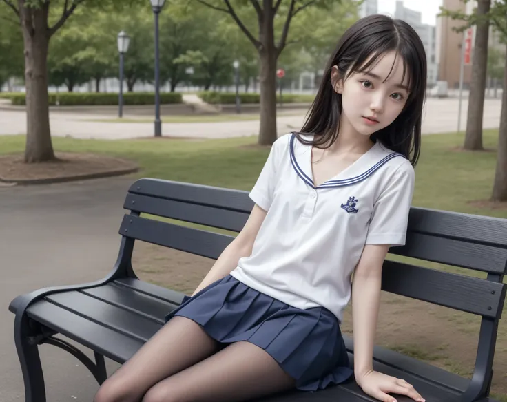 20 years old,cute girl,かわいいyounger女の子,slender,Skinny,short,skinny,slender body,Low body weight,younger,cute hairpins,sailor suit cosplay,navy blue skirt,realistic with a full body crouching,sitting on a park bench by an expert,small breasts,japanese,Narrow...