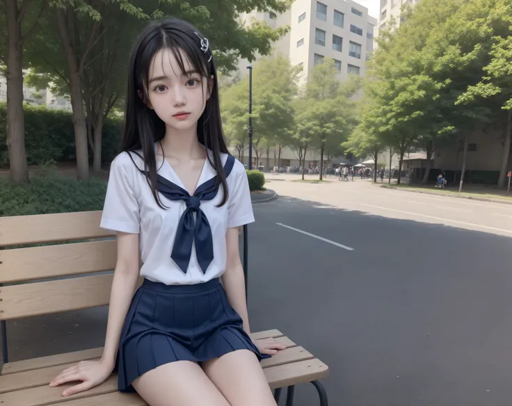 20 years old,cute girl,かわいいyounger女の子,slender,Skinny,short,skinny,slender body,Low body weight,younger,cute hairpins,sailor suit cosplay,navy blue skirt,realistic with a full body crouching,sitting on a park bench by an expert,small breasts,japanese,Narrow...