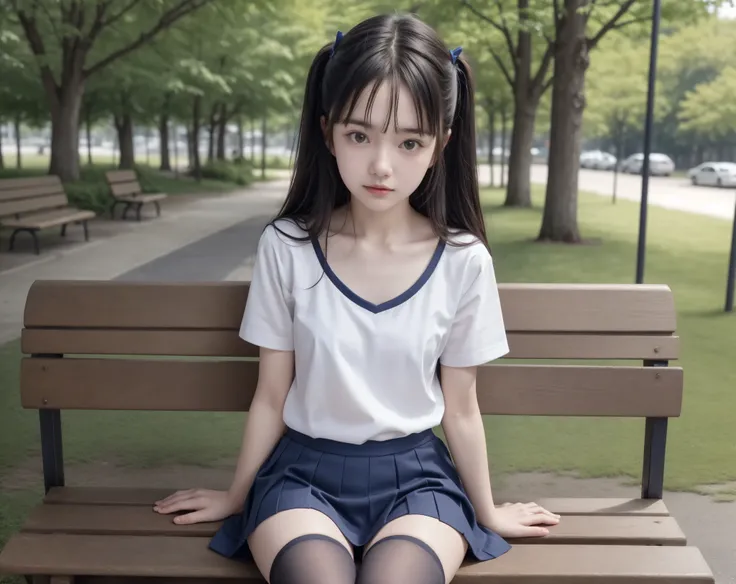 20 years old,cute girl,かわいいyounger女の子,slender,Skinny,short,skinny,slender body,Low body weight,younger,cute hairpins,sailor suit cosplay,navy blue skirt,realistic with a full body crouching,sitting on a park bench by an expert,small breasts,japanese,Narrow...