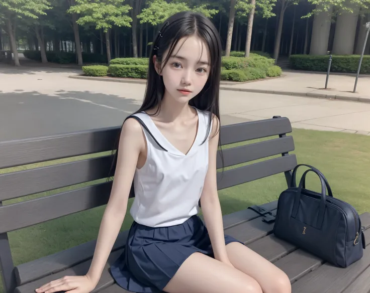 20 years old,cute girl,かわいいyounger女の子,slender,Skinny,short,skinny,slender body,Low body weight,younger,cute hairpins,sailor suit cosplay,navy blue skirt,realistic with a full body crouching,sitting on a park bench by an expert,small breasts,japanese,Narrow...