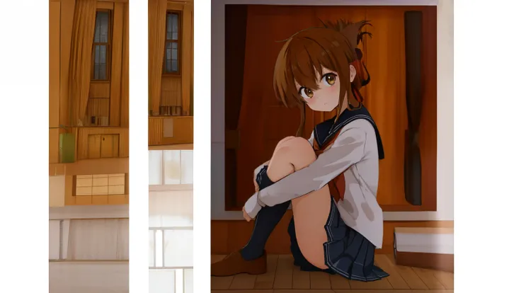 セーラー服を着た体調の悪い女子高生が学校の体育館の床に座り授業を見学,(masterpiece, best quality:1.2),illustration,8k,hd,1girl,solo,upper body,(portrait:1.2),brown_hair,folded_ponytail,brown_eyes,serafuku,long_hair,school_uniform,skirt,pleated_skirt,<lora:Inazuma>,thick thighs,sitting on fl...