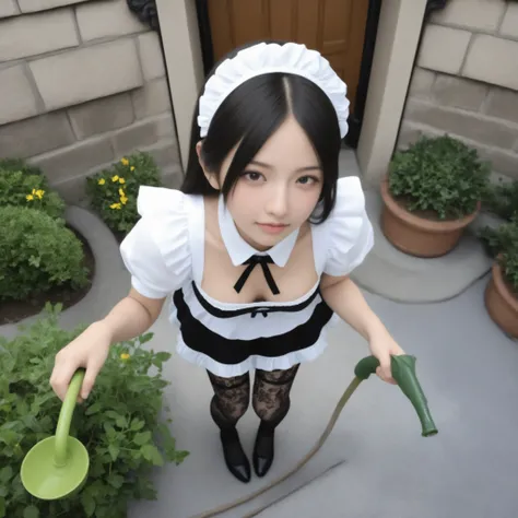 1 Girl、maids,Look at the audience,(skinny:0.65),(younger:0.51),from above,lean forward,(big boobs:0.38),is watering flowers outside the mansion,japanese,(smile Yang:0.31),black lace stockings