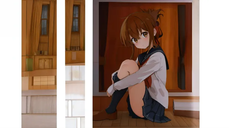 セーラー服を着た体調の悪い女子高生が学校の体育館の床に座り授業を見学,(masterpiece, best quality:1.2),illustration,8k,hd,1girl,solo,upper body,(portrait:1.2),brown_hair,folded_ponytail,brown_eyes,serafuku,long_hair,school_uniform,skirt,pleated_skirt,<lora:Inazuma>,thick thighs,sitting on fl...