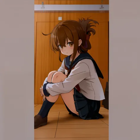 セーラー服を着た体調の悪い女子高生が学校の体育館の床に座り授業を見学,(masterpiece, best quality:1.2),illustration,8k,hd,1girl,solo,upper body,(portrait:1.2),brown_hair,folded_ponytail,brown_eyes,serafuku,long_hair,school_uniform,skirt,pleated_skirt,<lora:Inazuma>,thick thighs,sitting on fl...