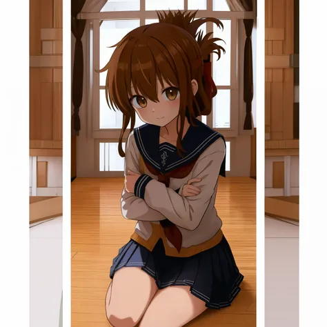 セーラー服を着た体調の悪い女子高生が学校の体育館の床に座り授業を見学,(masterpiece, best quality:1.2),illustration,8k,hd,1girl,solo,upper body,(portrait:1.2),brown_hair,folded_ponytail,brown_eyes,serafuku,long_hair,school_uniform,skirt,pleated_skirt,<lora:Inazuma>,thick thighs,sitting on fl...