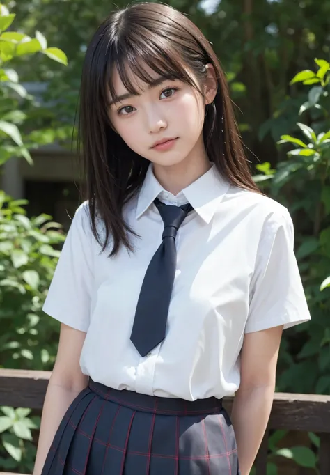 soft lights,(japanese)), (((front in the sky, Age 15))), (Deep Synthesis ), Hold a pile of super high resolution, (Authentic: 1.4), Original photo, ((School Uniform, collared shirt, white shirt, Short sleeve, necktie, shortスカート)), smiley face n ,small bre...