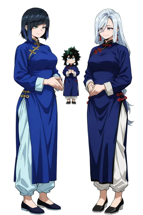 boku_no_hero_academia_style,score_9_up, score_8_up, BREAK, KungFuUniform, 2girl, multiple girls, white hair, black hair, grey eyes, green eyes, chinese clothes, mature, white background, blue dress, no pants, mature, smile, hair between eyes, wife, full b...