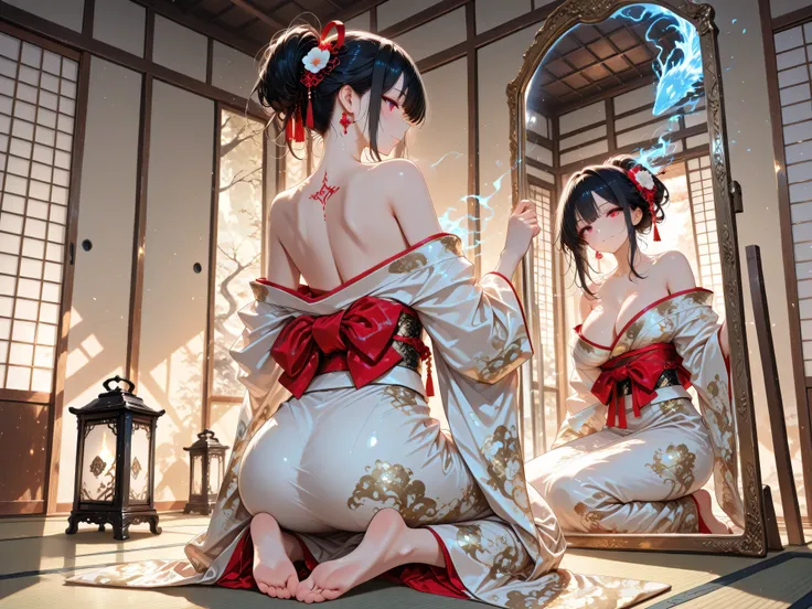 (masterpiece:1.3), (best quality:1.3), (ultra detailed:1.2), (dramatic lighting:1.2),
a Japanese-style room with warm lantern light, tatami floor, and sliding shoji doors,
a large antique mirror placed on the floor, reflecting an uncanny image,
a beautif...