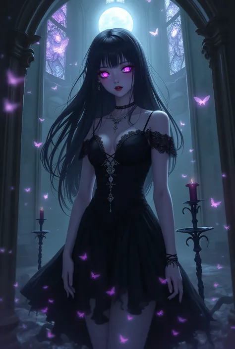 Mysterious anime gothic girl with long flowing black hair and pale porcelain skin standing in a decaying Victorian mansion. Her eyes glow with an eerie purple light against the darkness. She wears an elaborate black lace dress with tattered edges and ornat...